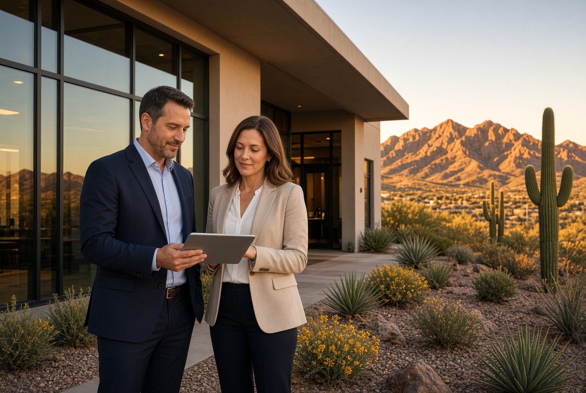 SonoLivingMgmt property managers reviewing a tablet outside a modern Phoenix property at sunset, with desert mountains and saguaro cacti behind them